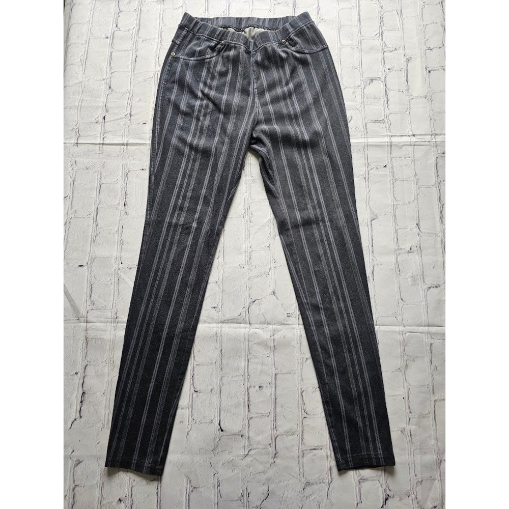 Hue‎ Women Charcoal Gray Pinstripe Skinny Leggings Stretch Pants Denim Look